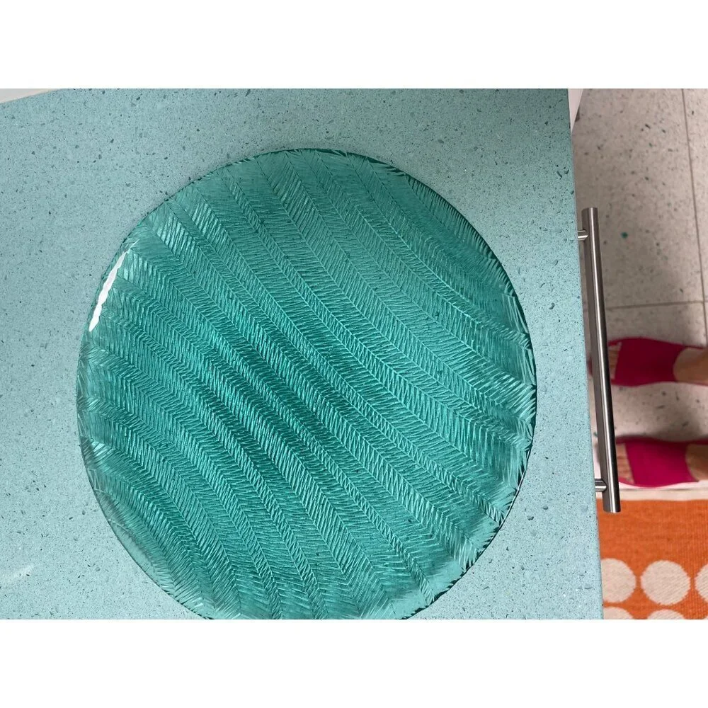 Arcoroc France Vintage Serving Platter 12.5 Inch Teal Herringbone Chevron Rare